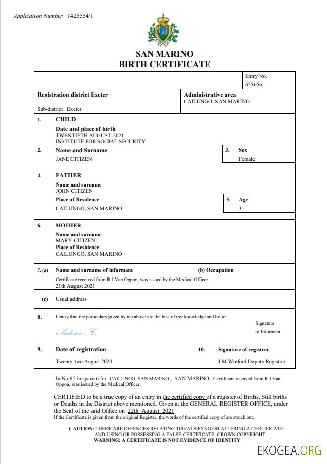 Modèle Word et PDF d'acte de naissance de Saint Marin